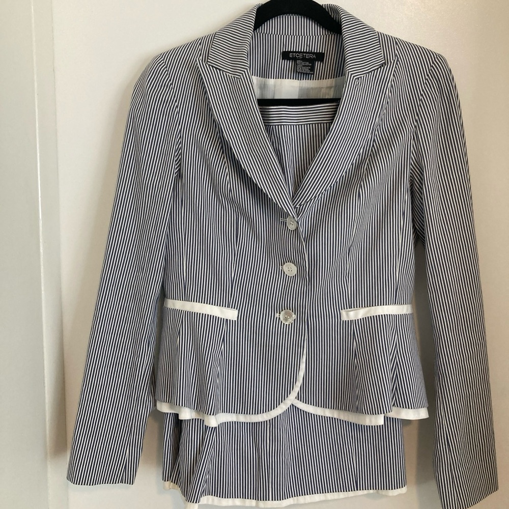 Etcetera Navy and White Pinstripe Peplum Blazer